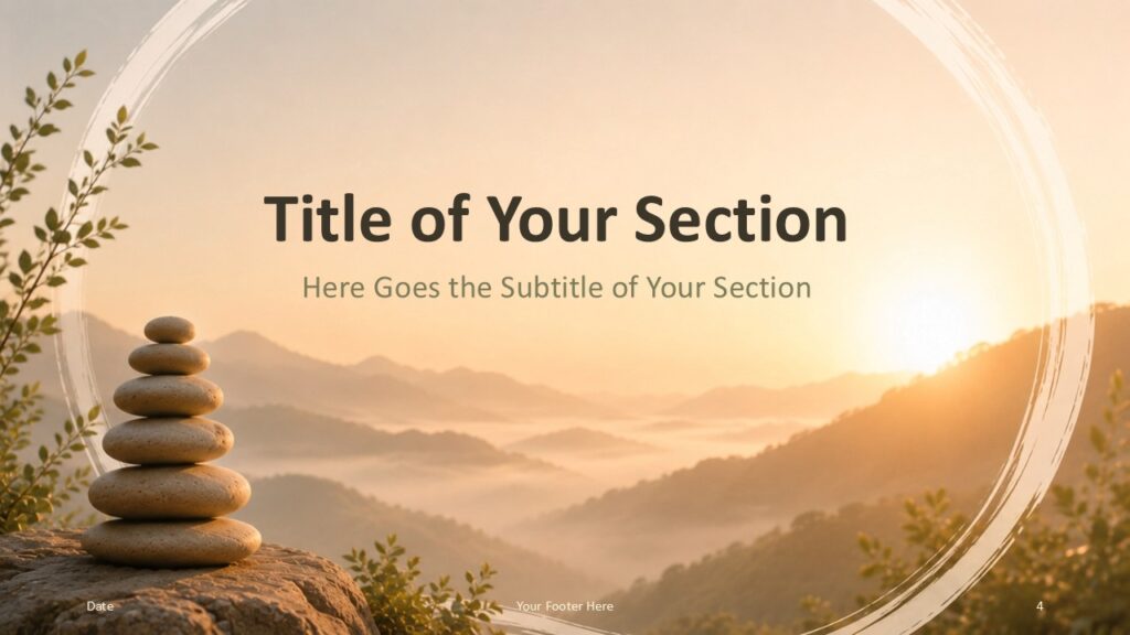 Zen Sunrise Template section divider for PowerPoint and Google Slides with centered title, soft ring, and mountain view.
