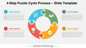 4-Step Puzzle Cycle Process for PowerPoint and Google Slides illustrating four interconnected puzzle stages with editable icons and text.