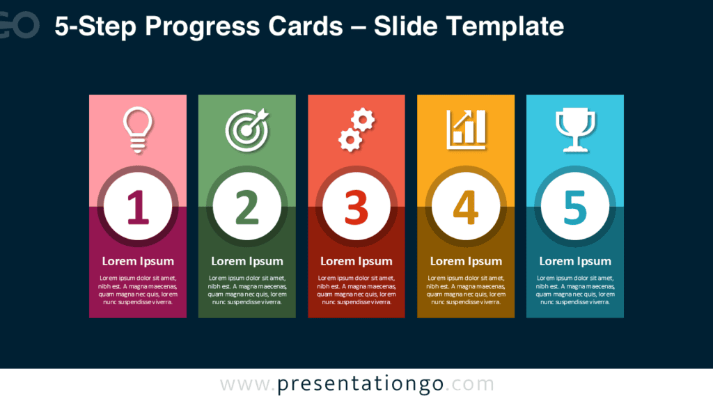 5-Step Progress Cards diagram for PowerPoint and Google Slides with five numbered columns, Office icons, and editable text.