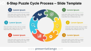 6-Step Puzzle Cycle Process for PowerPoint and Google Slides presenting six interconnected puzzle stages with editable icons and text.