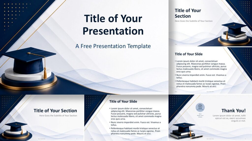 Academic Prestige PowerPoint and Google Slides template with seven elegant academic presentation slides and editable layouts.