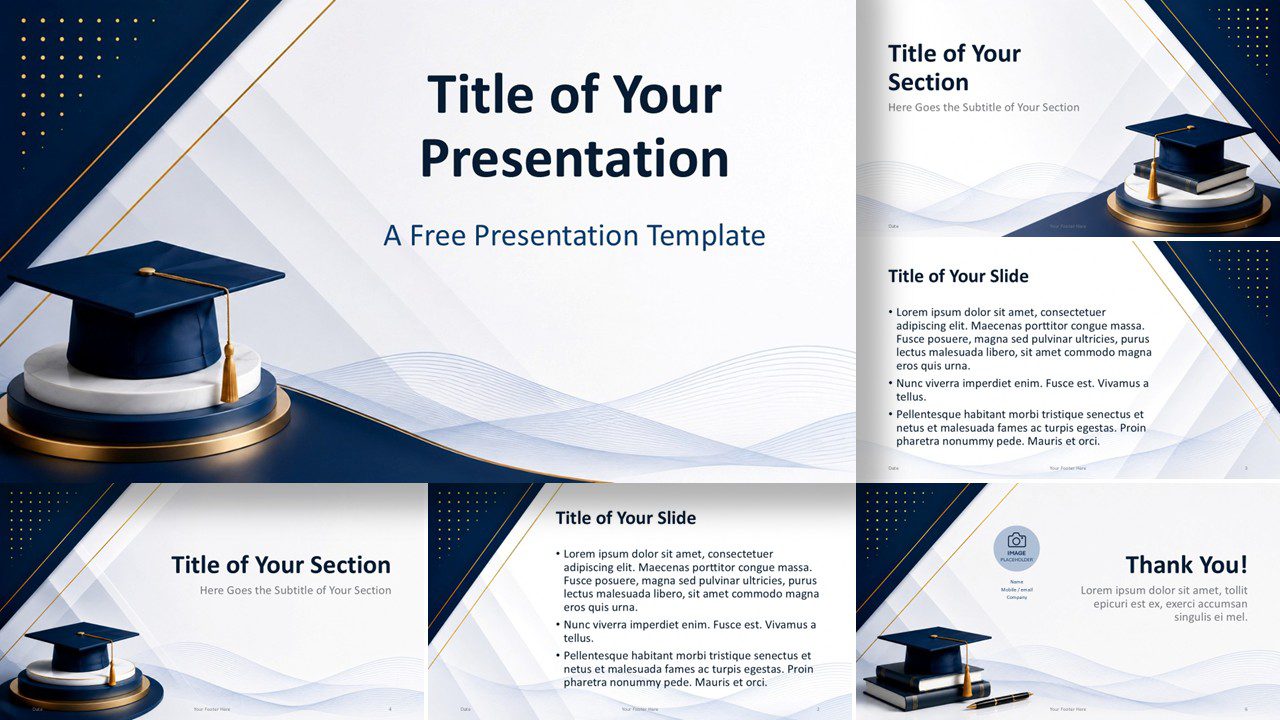 Academic Prestige PowerPoint and Google Slides template with seven elegant academic presentation slides and editable layouts.