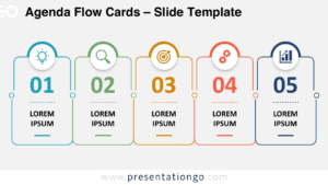 Agenda Flow Cards PowerPoint and Google Slides diagram showing five numbered cards for meeting topics and session planning.