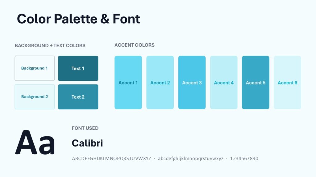 Aqua Droplets PowerPoint and Google Slides template showing the coordinated color palette and Calibri font selection.