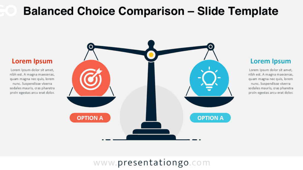 Balanced Choice Comparison diagram for PowerPoint and Google Slides with a scale layout for comparing two alternatives.