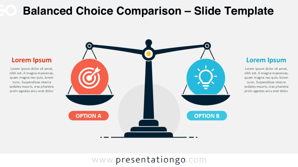 Balanced Choice Comparison diagram for PowerPoint and Google Slides with a scale layout for comparing two alternatives.