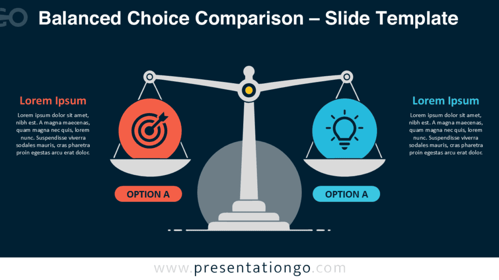 Balanced Choice Comparison for PowerPoint and Google Slides with an editable balance scale and two-option comparison layout.