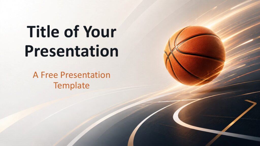 Basketball Motion Cover | PowerPoint & Google Slides Basketball Motion cover template for PowerPoint and Google Slides with a flying ball, court lines, and energetic glow.
