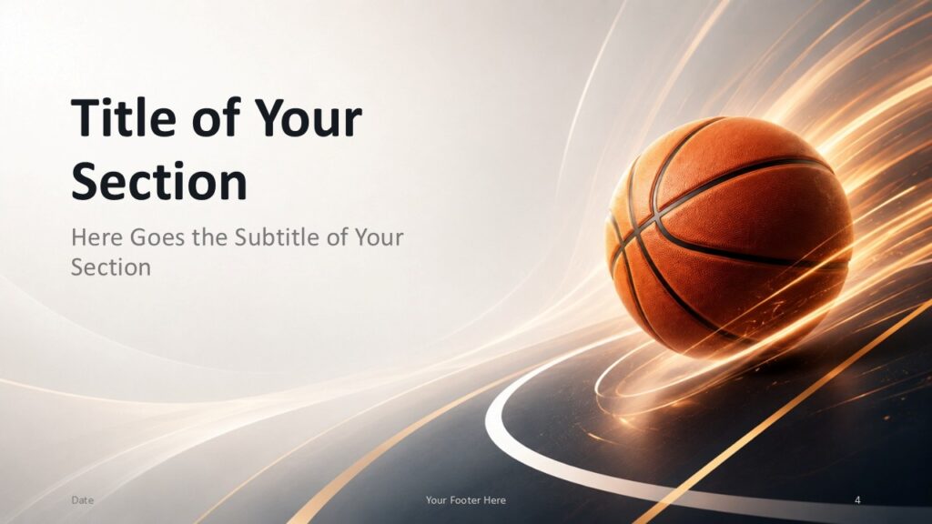 Basketball Motion Divider 1 | PowerPoint & Google Slides Basketball Motion section divider for PowerPoint and Google Slides with bold text beside a glowing basketball and court.