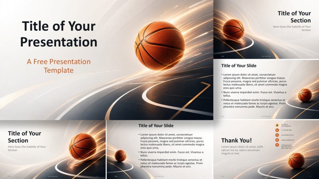 Basketball Motion template for PowerPoint and Google Slides showing all six editable sports layouts in one cohesive preview.