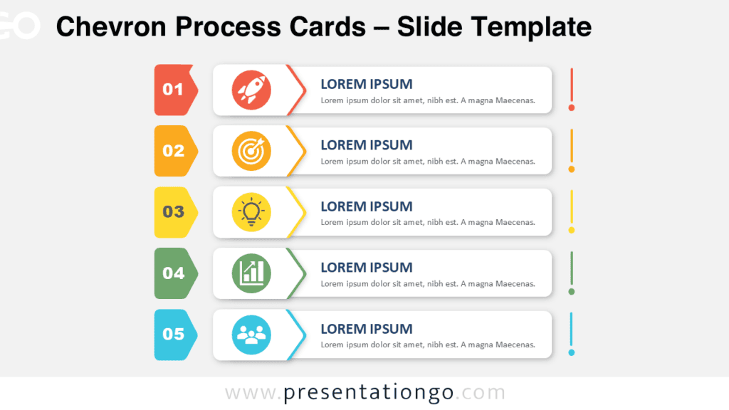 Chevron Process Cards for PowerPoint and Google Slides showing a five-step vertical process diagram with editable cards and Office icons.