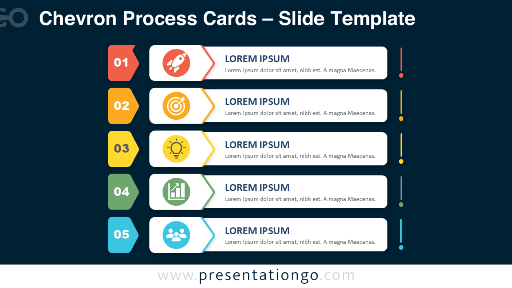 Chevron Process Cards for PowerPoint and Google Slides with a dark background, featuring five editable process cards and Office icons.