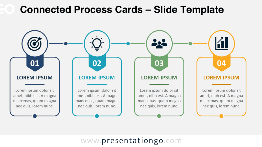 Connected Process Cards for PowerPoint and Google Slides Connected Process Cards PowerPoint diagram with four linked stages, editable Office icons, and Google Slides compatibility.