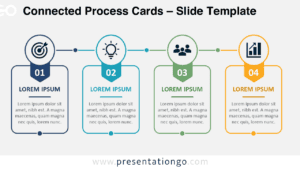 Connected Process Cards PowerPoint diagram with four linked stages, editable Office icons, and Google Slides compatibility.
