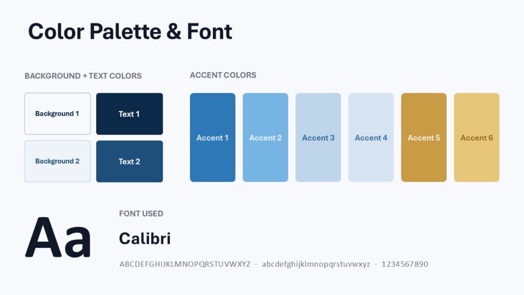 Corporate Glass Skyline PowerPoint Google Slides Colors Corporate Glass Skyline color palette and fonts for PowerPoint and Google Slides featuring coordinated blue and gold tones.