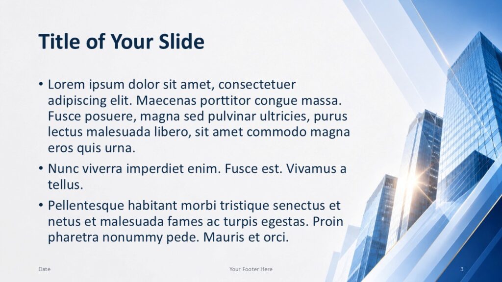 Corporate Glass Skyline PowerPoint Google Slides Layout Corporate Glass Skyline title and content slide for PowerPoint and Google Slides with right architectural image layout.