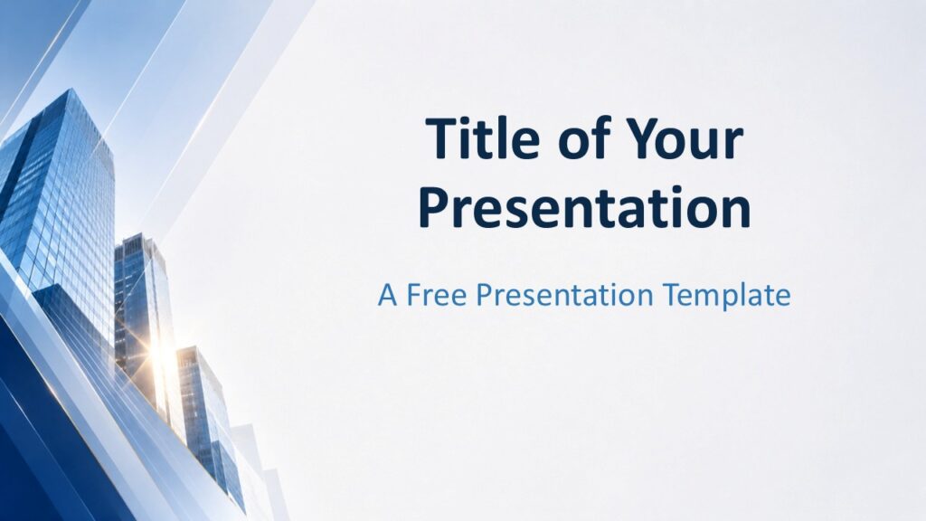 Corporate Glass Skyline PowerPoint Google Slides Cover Corporate Glass Skyline cover slide for PowerPoint and Google Slides with modern glass buildings and clean business layout.