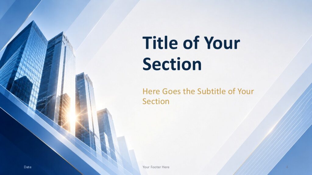 Corporate Glass Skyline PowerPoint Google Slides Section Corporate Glass Skyline section divider for PowerPoint and Google Slides featuring modern skyscrapers and gold accents.