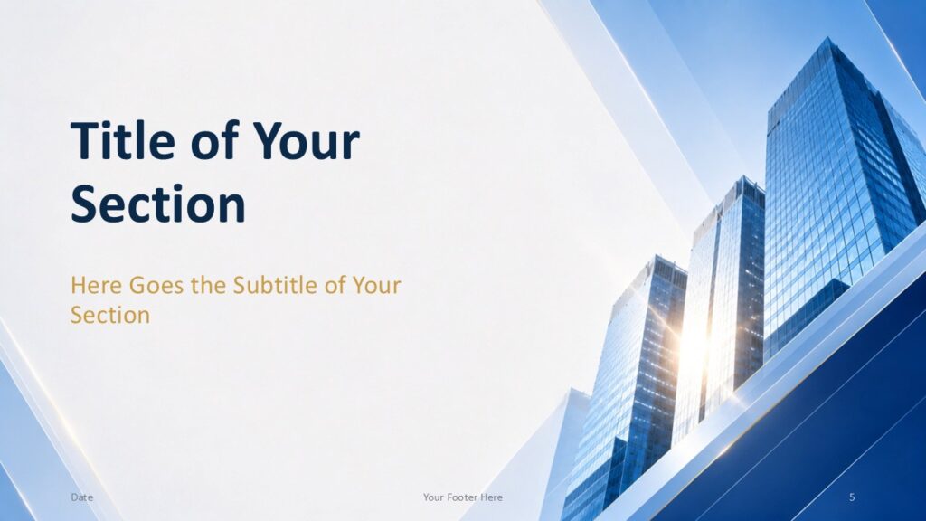 Corporate Glass Skyline PowerPoint Google Slides Section Corporate Glass Skyline section divider for PowerPoint and Google Slides with mirrored skyline composition and clean design.