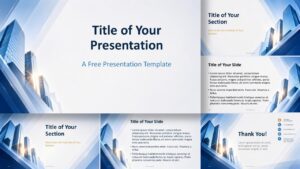 Corporate Glass Skyline presentation template for PowerPoint and Google Slides with eight professional business slides.