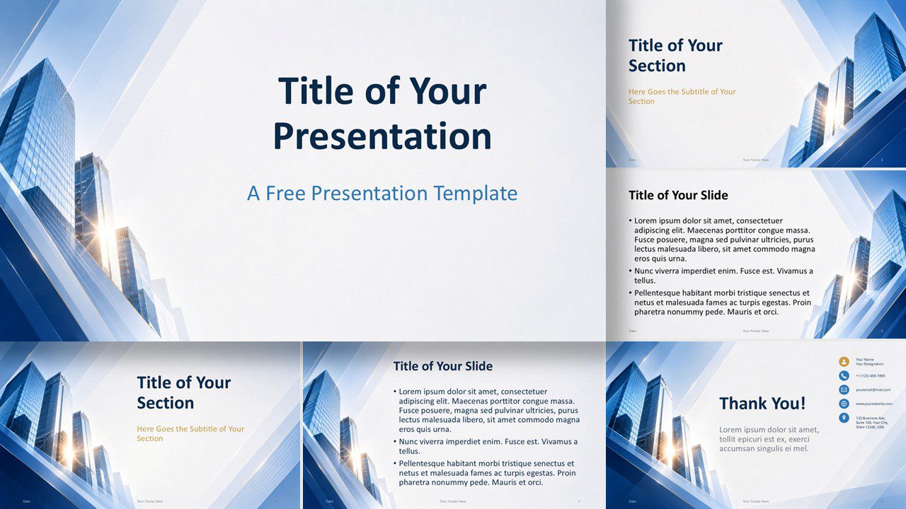 Corporate Glass Skyline presentation template for PowerPoint and Google Slides with eight professional business slides.