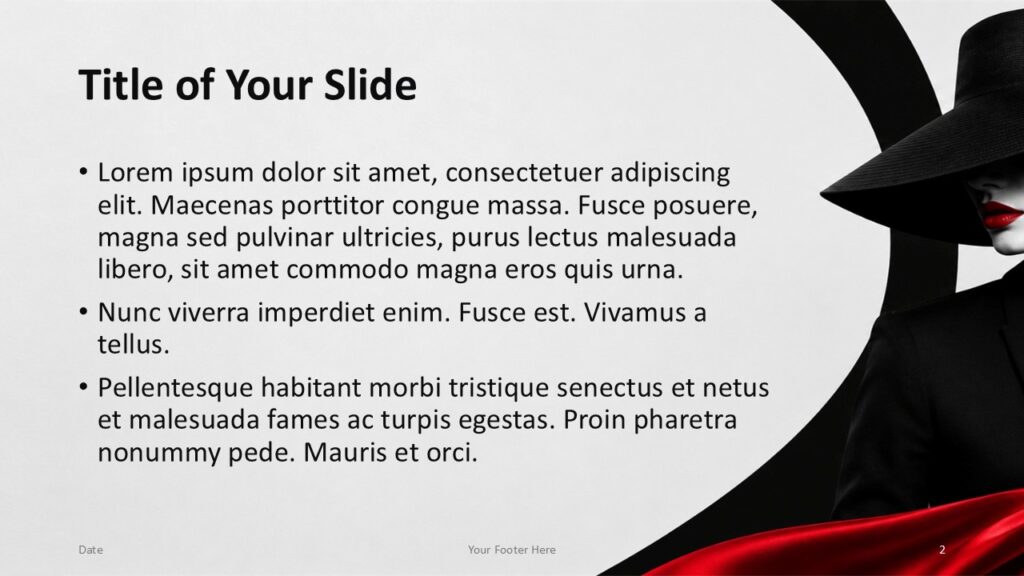 Crimson Couture Content 1 PowerPoint Google Slides Crimson Couture title and content slide for PowerPoint and Google Slides with clean text and fashion visuals.