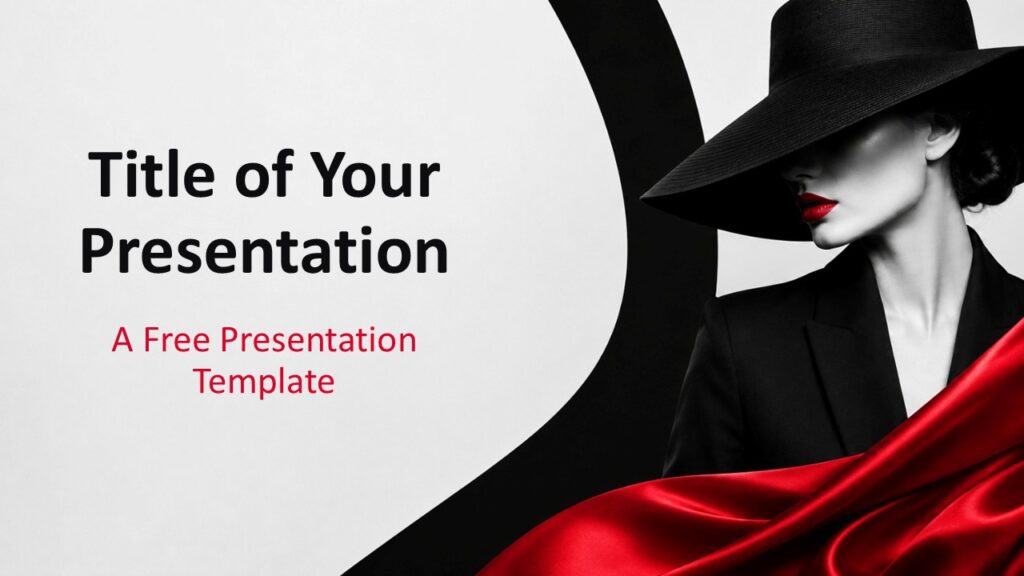 Crimson Couture Cover PowerPoint Google Slides Crimson Couture cover slide for PowerPoint and Google Slides with elegant fashion imagery and red accent details.