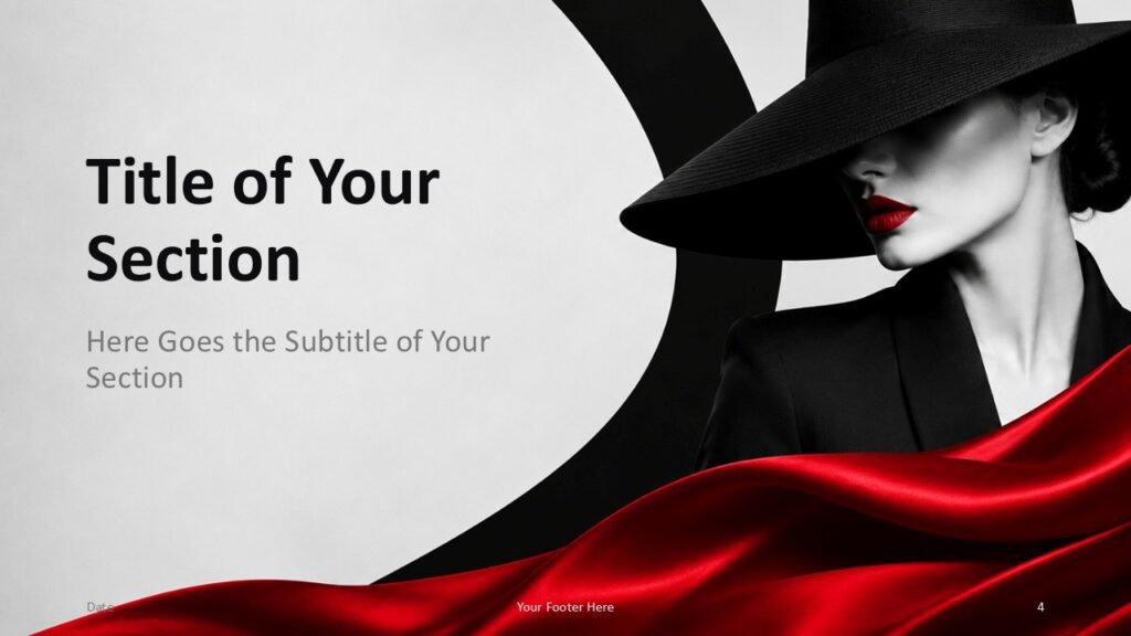 Crimson Couture Divider 1 PowerPoint Google Slides Crimson Couture section divider for PowerPoint and Google Slides with bold fashion portrait and red silk accent.