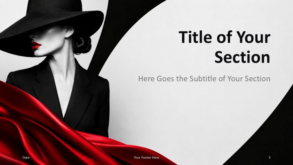 Crimson Couture Divider 2 PowerPoint Google Slides Crimson Couture section slide for PowerPoint and Google Slides with dramatic fashion image and elegant title space.