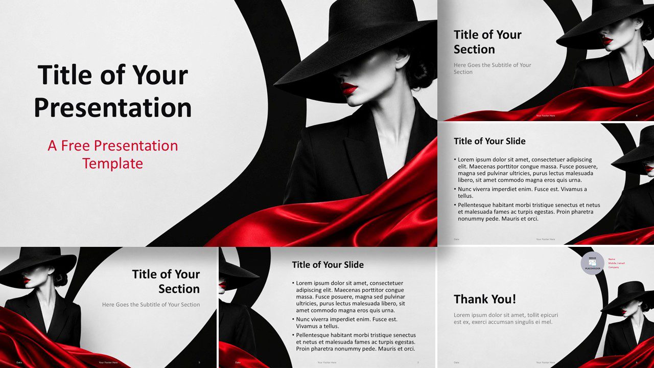 Crimson Couture PowerPoint and Google Slides template with fashion slides, red accents, and bold editorial layouts.