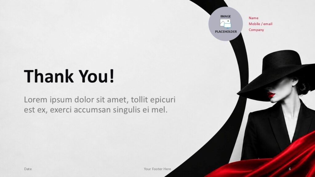 Crimson Couture Thanks PowerPoint Google Slides Crimson Couture thank you slide for PowerPoint and Google Slides with closing message, contact area, and refined style.
