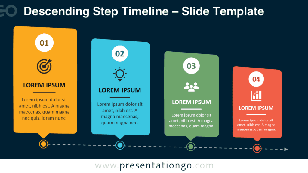 Descending Step Timeline PowerPoint Diagram Descending Step Timeline for PowerPoint and Google Slides with four customizable stages, Office icons, and linked milestones.