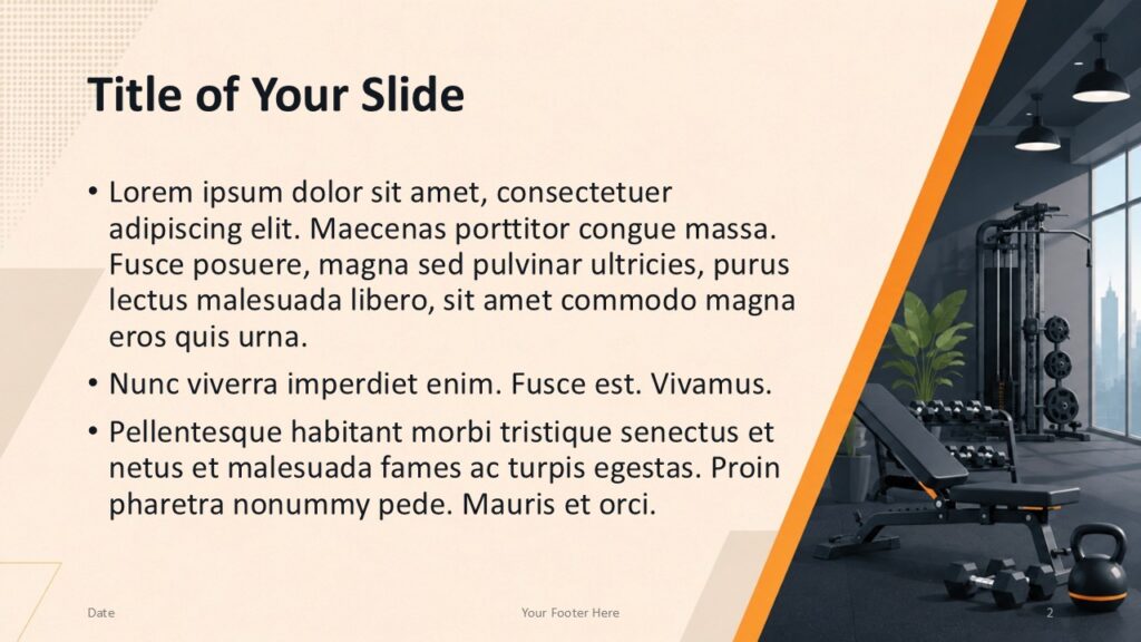 Fitness Studio Content Slide PowerPoint & Google Slides Fitness Studio content slide for PowerPoint and Google Slides with editable text layout and professional gym imagery.