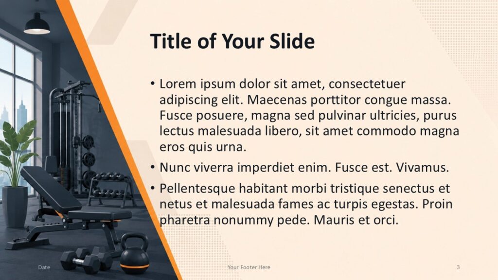 Fitness Studio Layout PowerPoint & Google Slides Fitness Studio presentation layout for PowerPoint and Google Slides with alternating content design and gym visuals.