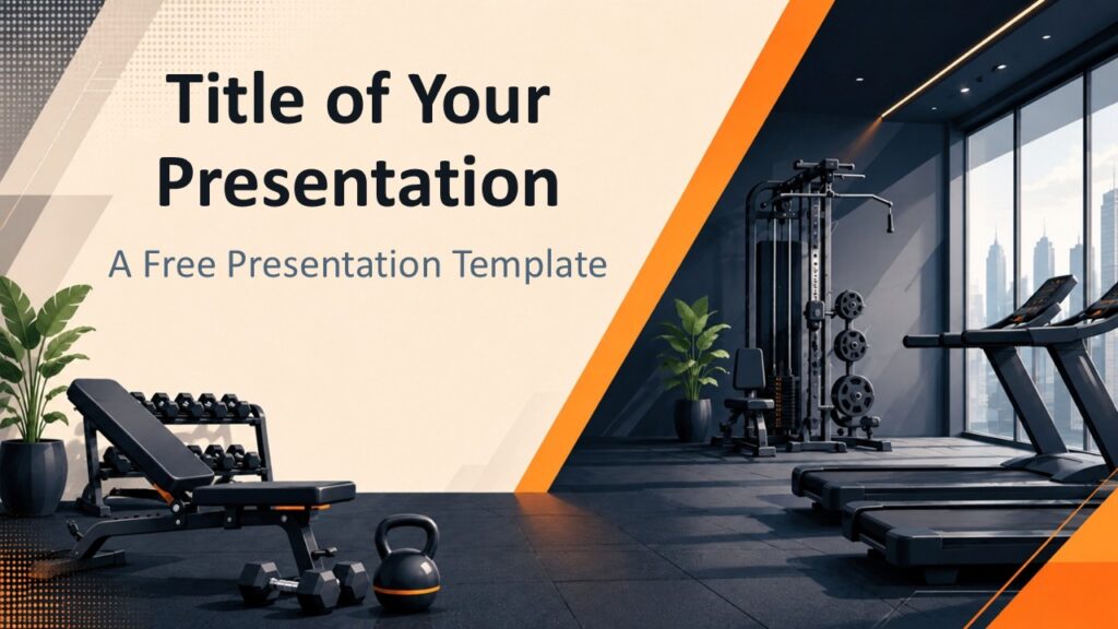 Fitness Studio Cover Slide for PowerPoint & Google Slides Fitness Studio cover slide for PowerPoint and Google Slides featuring a premium gym interior with bold modern design.