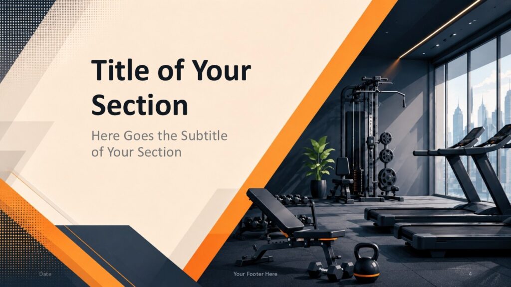 Fitness Studio Section PowerPoint & Google Slides Fitness Studio section divider for PowerPoint and Google Slides with dynamic fitness visuals and bold orange accents.
