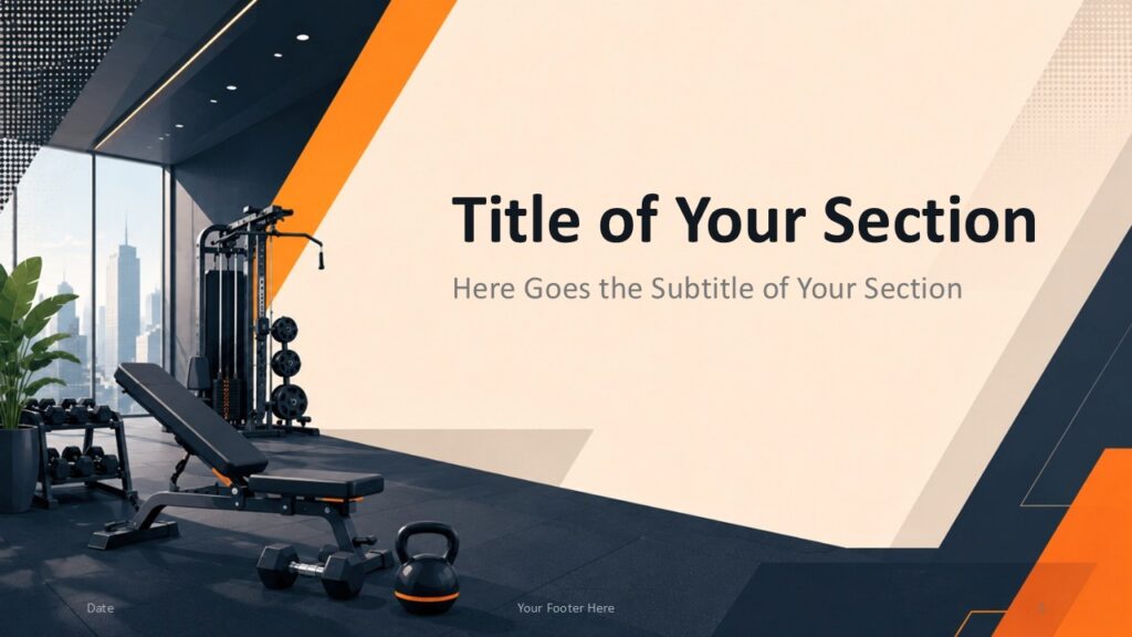 Fitness Studio Divider PowerPoint & Google Slides Fitness Studio presentation divider for PowerPoint and Google Slides with modern geometric composition and gym setting.