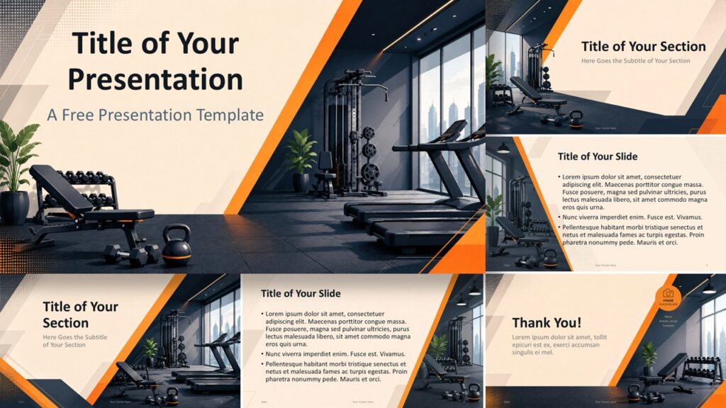 Fitness Studio presentation template for PowerPoint and Google Slides with modern gym-themed slides and editable layouts.