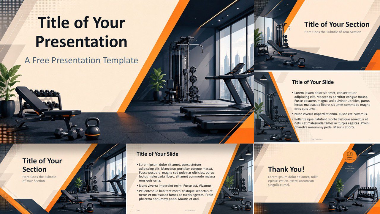 Fitness Studio presentation template for PowerPoint and Google Slides with modern gym-themed slides and editable layouts.