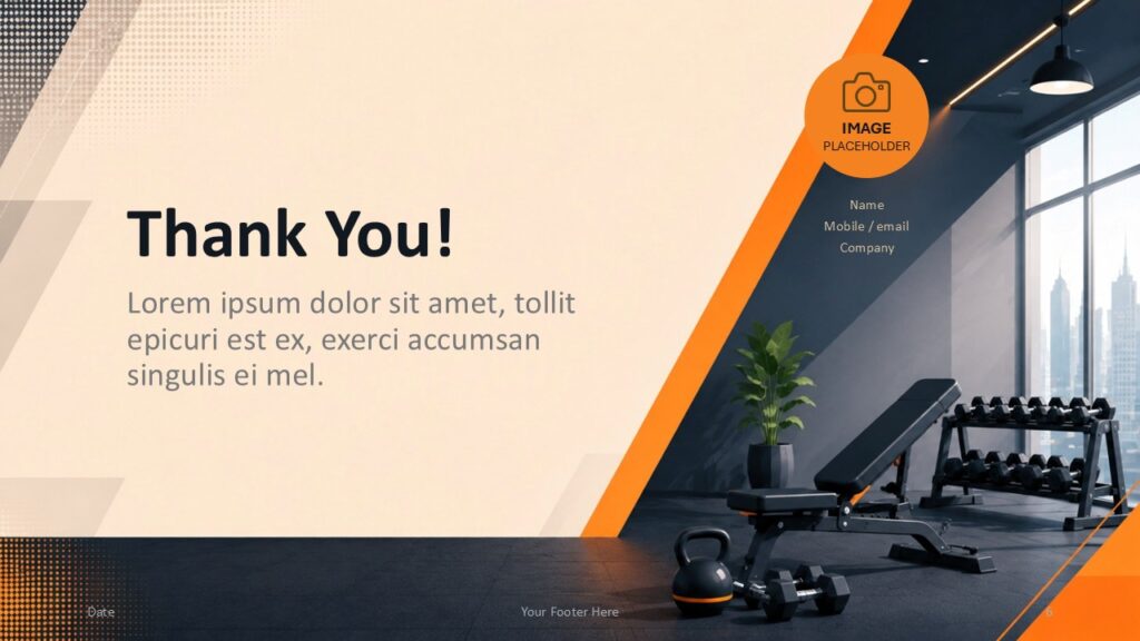 Fitness Studio Thank You PowerPoint & Google Slides Fitness Studio thank you slide for PowerPoint and Google Slides with editable contact details and modern fitness design.