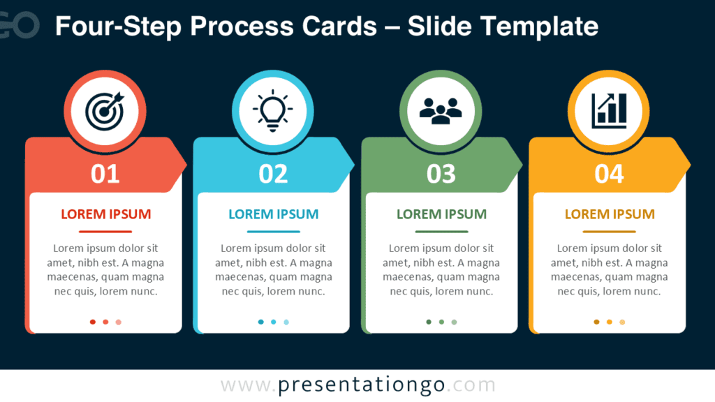 Four-Step Process Cards PowerPoint Diagram – Dark Background Four-Step Process Cards diagram for PowerPoint on a dark background with editable Office icons and full Google Slides compatibility.