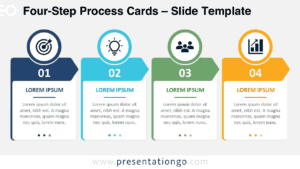 Four-Step Process Cards diagram for PowerPoint and Google Slides with four editable process cards, Office icons, and customizable text.