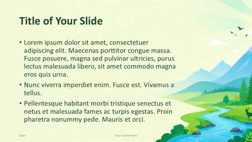Mountain River PowerPoint Google Slides Content Option 1 Mountain River content slide for PowerPoint and Google Slides with bullet text, river scenery, and balanced layout.