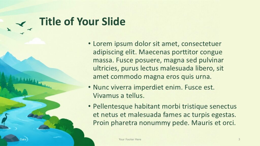 Mountain River PowerPoint Google Slides Content Option 2 Mountain River content template for PowerPoint and Google Slides with alternate text placement and calm landscape art.