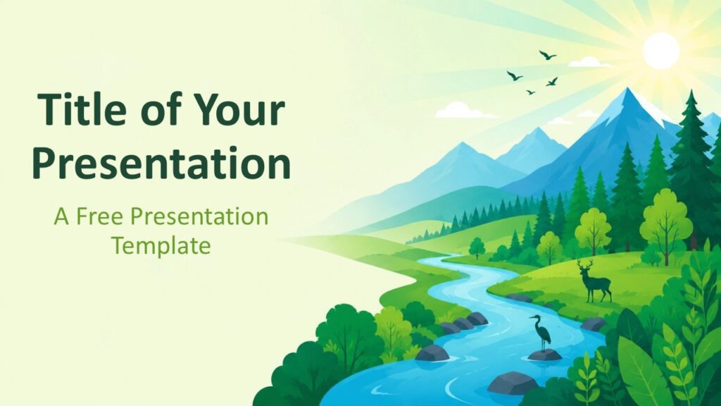 Mountain River PowerPoint Google Slides Cover Template Mountain River cover slide for PowerPoint and Google Slides with scenic mountains, river view, and bold title space.