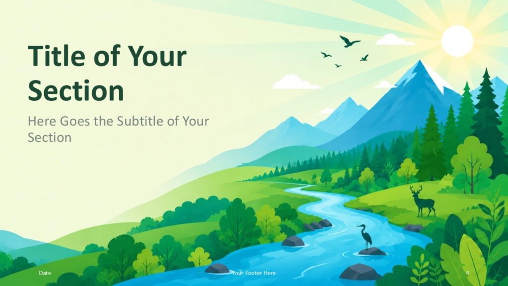 Mountain River PowerPoint Google Slides Section Divider 1 Mountain River section divider for PowerPoint and Google Slides with forest scenery, sunlight, and clear title area.