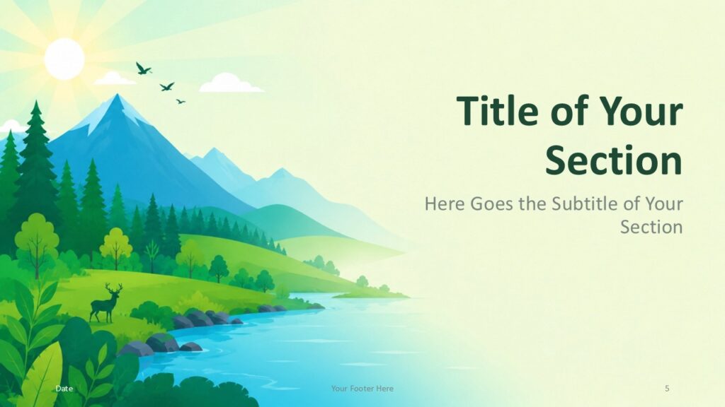 Mountain River PowerPoint Google Slides Section Divider 2 Mountain River section slide for PowerPoint and Google Slides with lake scenery, open space, and peaceful nature mood.