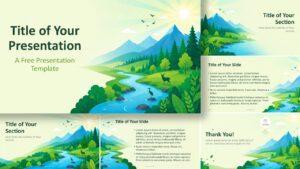 Mountain River template for PowerPoint and Google Slides with nature scenery, editable layouts, and fresh outdoor style.