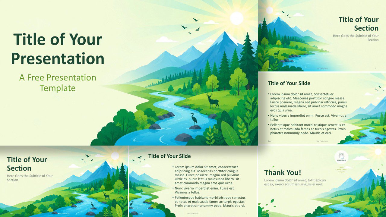 Mountain River template for PowerPoint and Google Slides with nature scenery, editable layouts, and fresh outdoor style.