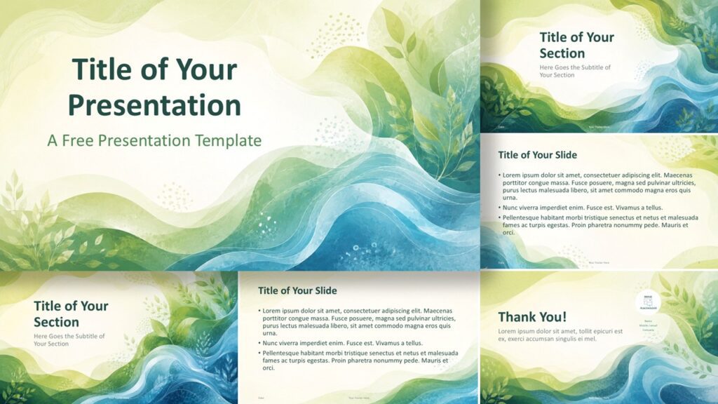 Nature Flow PowerPoint and Google Slides Template with watercolor waves, botanical accents, and editable layouts.